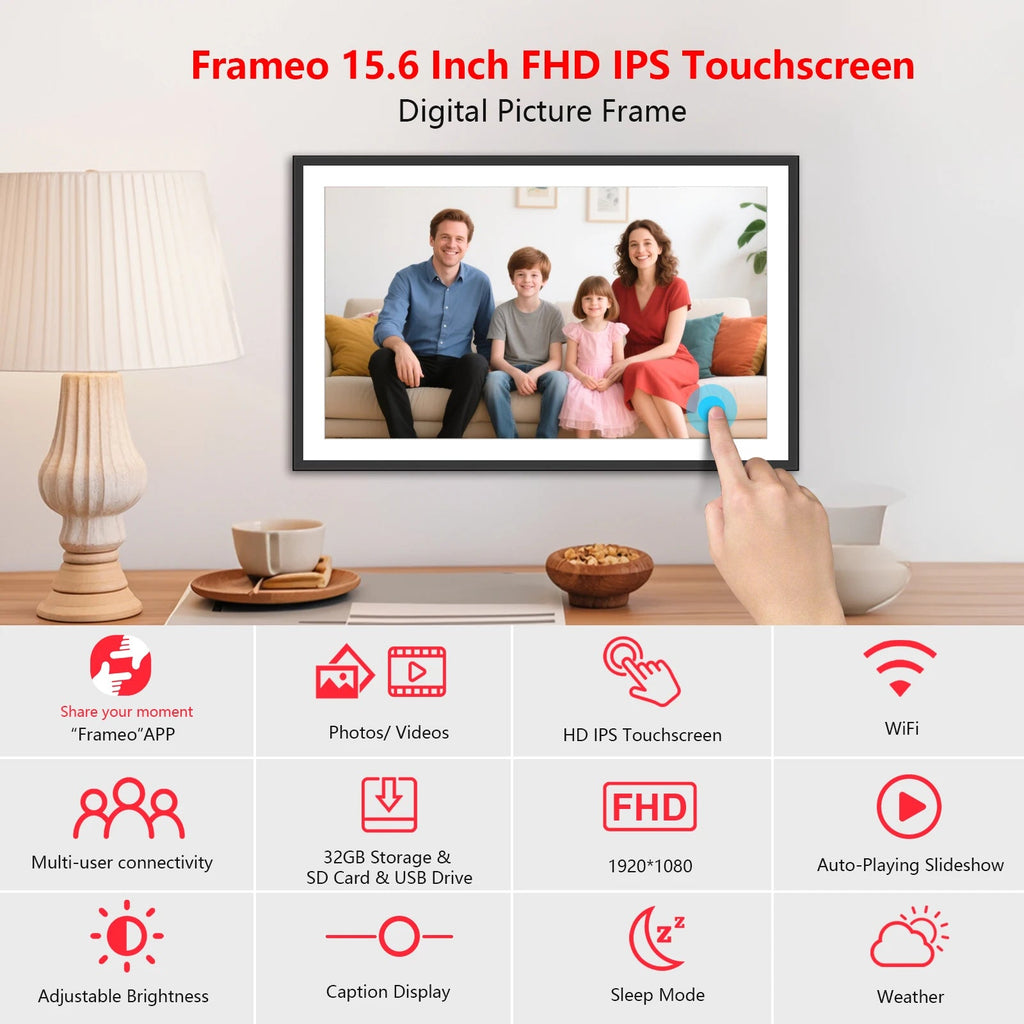 FRAMEO 15.6 Inch 32GB Large Digital Photo Frame, Digital Picture Frame WiFi, IPS HD Touch Screen, Photo Frame with Auto-Rotate - Velvet Haven