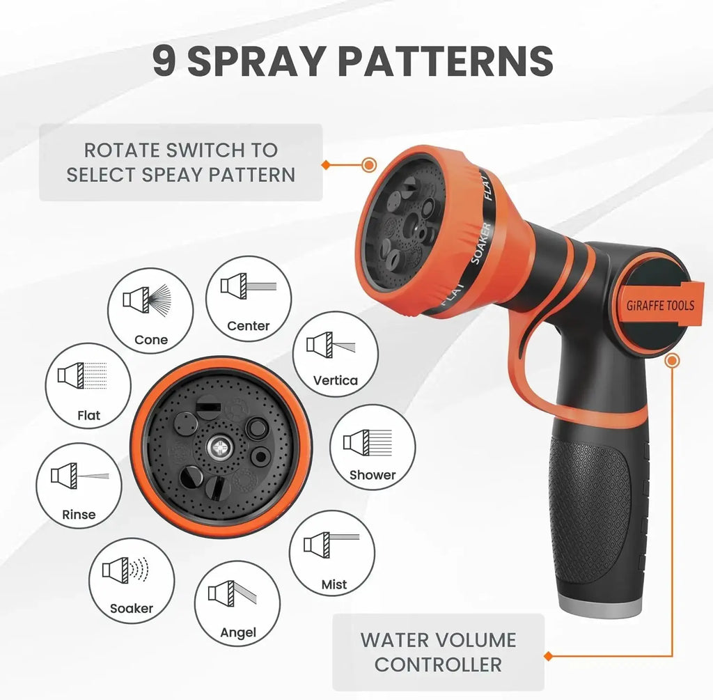 Giraffe Tools Non-Expandable Garden Hose 25-100FT 1/2” Lightweight Flexible Water Hoses Burst 600 Psi with 9 Spray Function Nozzle Heavy Duty Hose - Velvet Haven