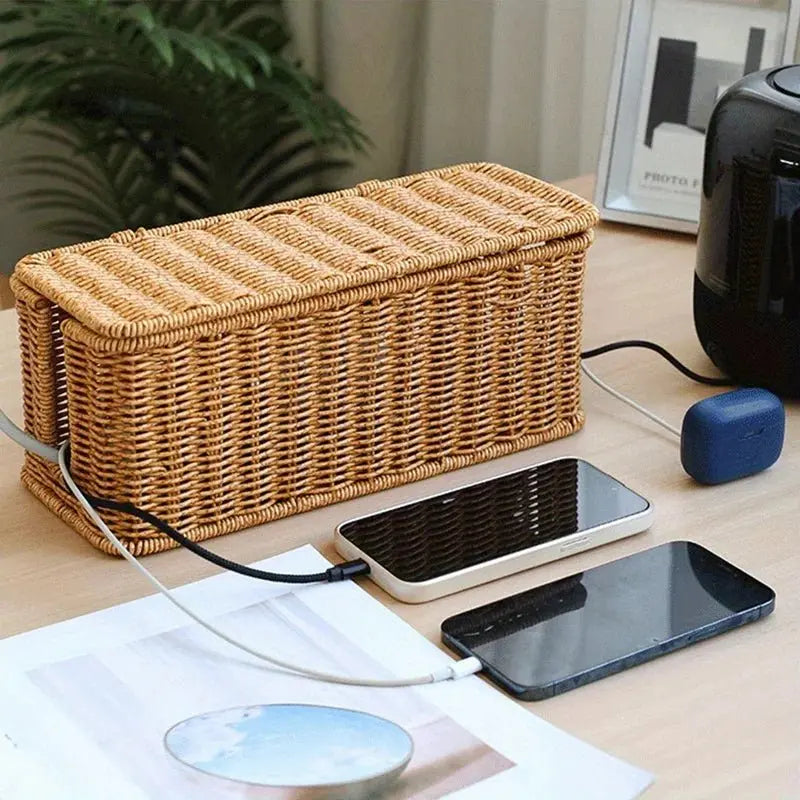 Hand-Woven Rattan Cable Organizer Box - Durable Imitation Vine Material, Multi-Compartment Storage for Power Cords, Data Cables - Velvet Haven