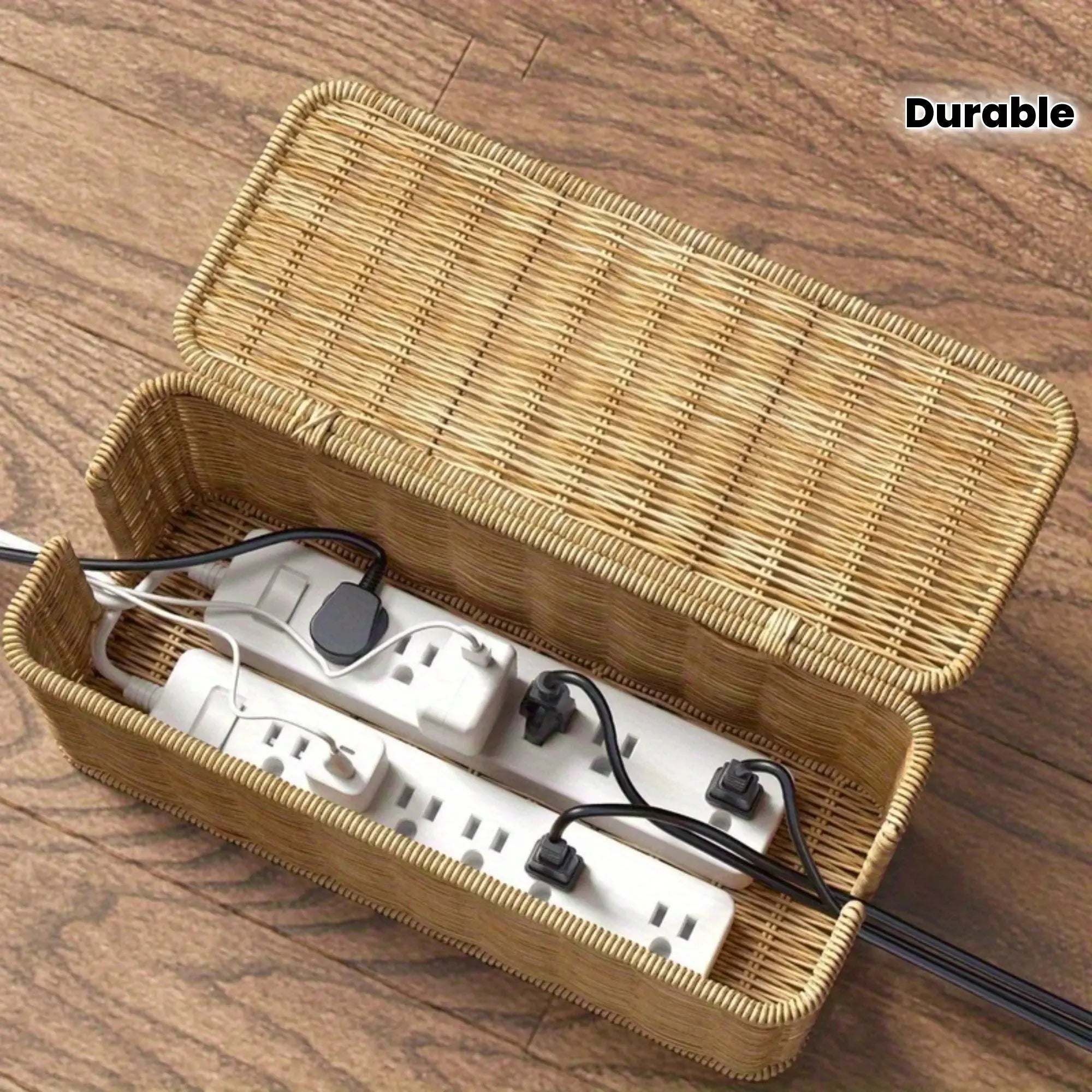 Hand-Woven Rattan Cable Organizer Box - Durable Imitation Vine Material, Multi-Compartment Storage for Power Cords, Data Cables - Velvet Haven