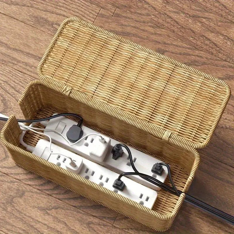 Hand-Woven Rattan Cable Organizer Box - Durable Imitation Vine Material, Multi-Compartment Storage for Power Cords, Data Cables - Velvet Haven