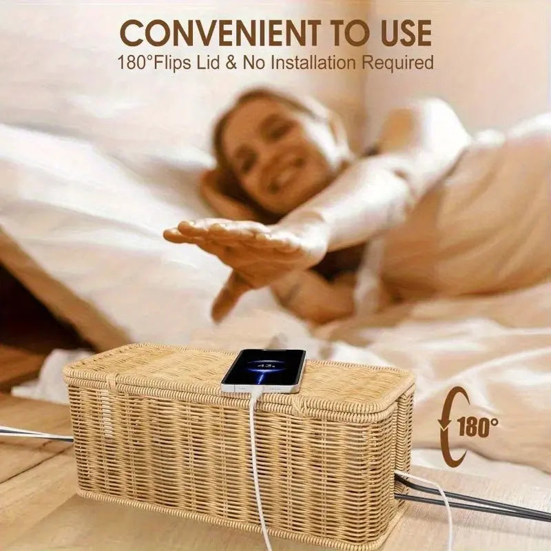 Hand-Woven Rattan Cable Organizer Box - Durable Imitation Vine Material, Multi-Compartment Storage for Power Cords, Data Cables - Velvet Haven