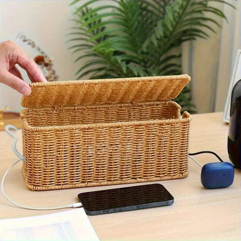 Hand-Woven Rattan Cable Organizer Box - Durable Imitation Vine Material, Multi-Compartment Storage for Power Cords, Data Cables - Velvet Haven