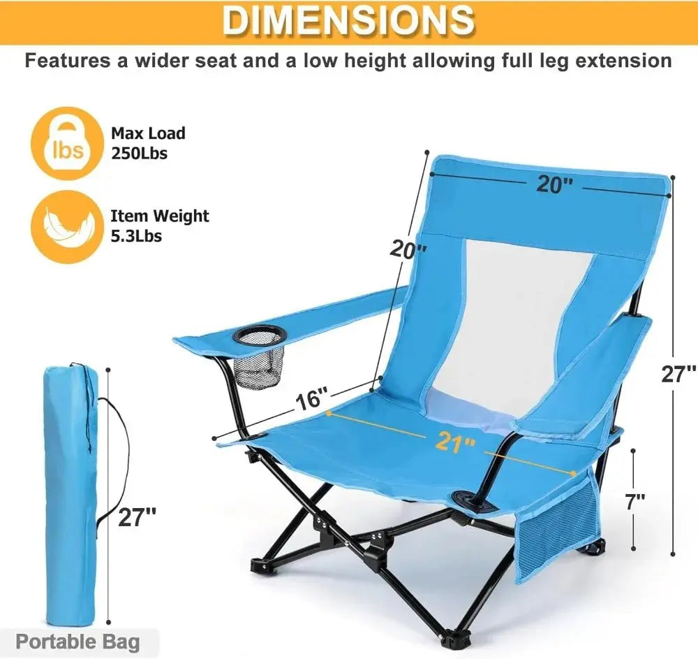 Heavy Duty Beach Camping Chair (2 Pack) - Outdoor Folding Chair for Adults, Portable with Cup Holder & Carry Bag, Blue - Velvet Haven