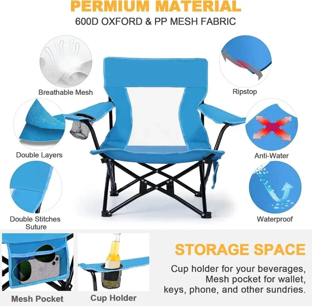 Heavy Duty Beach Camping Chair (2 Pack) - Outdoor Folding Chair for Adults, Portable with Cup Holder & Carry Bag, Blue - Velvet Haven