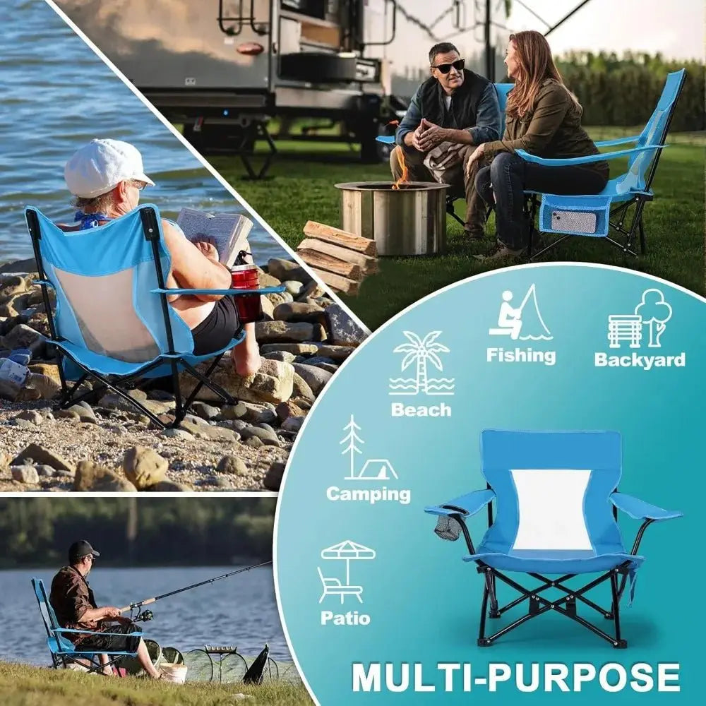 Heavy Duty Beach Camping Chair (2 Pack) - Outdoor Folding Chair for Adults, Portable with Cup Holder & Carry Bag, Blue - Velvet Haven