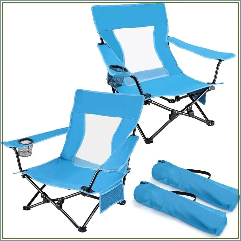 Heavy Duty Beach Camping Chair (2 Pack) - Outdoor Folding Chair for Adults, Portable with Cup Holder & Carry Bag, Blue - Velvet Haven