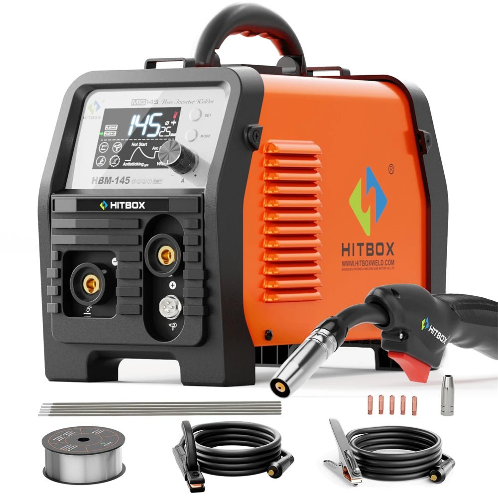HITBOX 145A 4 in 1 Multi-process MlG Welder with Synergic Control 220V Stick ARC MMA/Gasless MIG/Lift TIG Support Spool Gun Large LED Display Hot Start Arc Force Anti-stick IGBT Inverter Welding Machine HBM145 - Velvet Haven