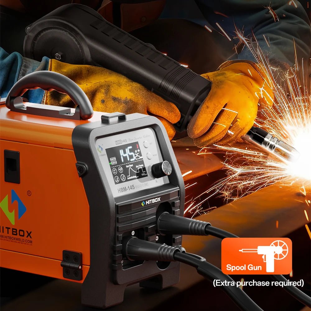 HITBOX 145A 4 in 1 Multi-process MlG Welder with Synergic Control 220V Stick ARC MMA/Gasless MIG/Lift TIG Support Spool Gun Large LED Display Hot Start Arc Force Anti-stick IGBT Inverter Welding Machine HBM145 - Velvet Haven