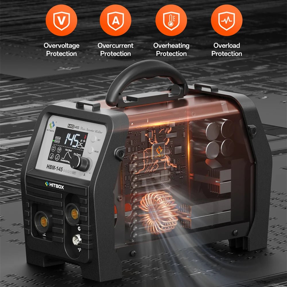 HITBOX 145A 4 in 1 Multi-process MlG Welder with Synergic Control 220V Stick ARC MMA/Gasless MIG/Lift TIG Support Spool Gun Large LED Display Hot Start Arc Force Anti-stick IGBT Inverter Welding Machine HBM145 - Velvet Haven