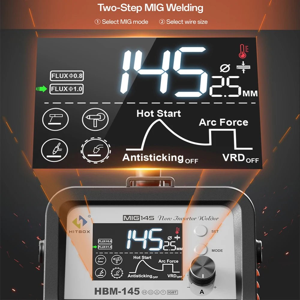HITBOX 145A 4 in 1 Multi-process MlG Welder with Synergic Control 220V Stick ARC MMA/Gasless MIG/Lift TIG Support Spool Gun Large LED Display Hot Start Arc Force Anti-stick IGBT Inverter Welding Machine HBM145 - Velvet Haven