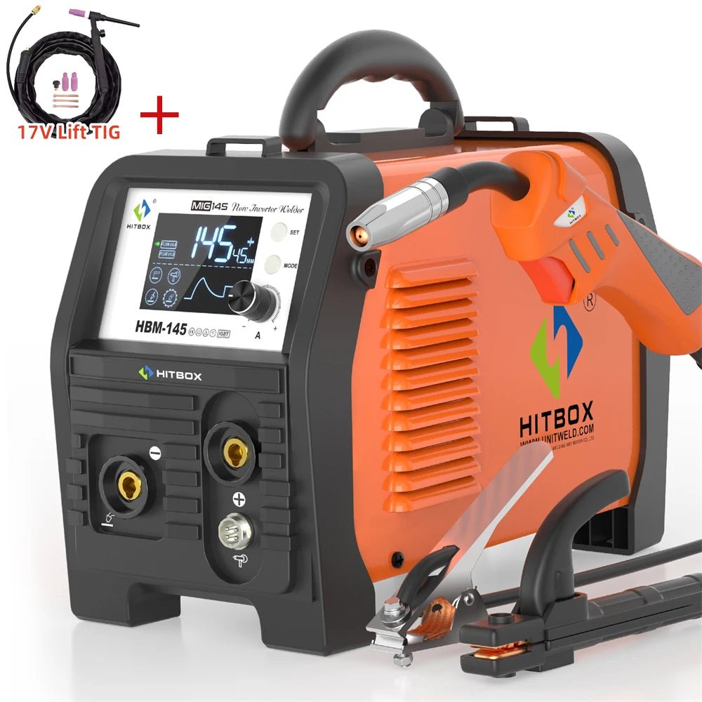 HITBOX 145A 4 in 1 Multi-process MlG Welder with Synergic Control 220V Stick ARC MMA/Gasless MIG/Lift TIG Support Spool Gun Large LED Display Hot Start Arc Force Anti-stick IGBT Inverter Welding Machine HBM145 - Velvet Haven