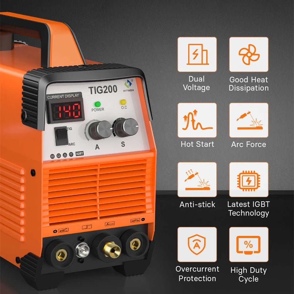 HITBOX 200A TIG Welding Machine 2 in 1 ARC Stick/HF TIG Arc Force Hot Start IGBT Digital Inverter Welder Dual Voltage 110V/220V - Velvet Haven