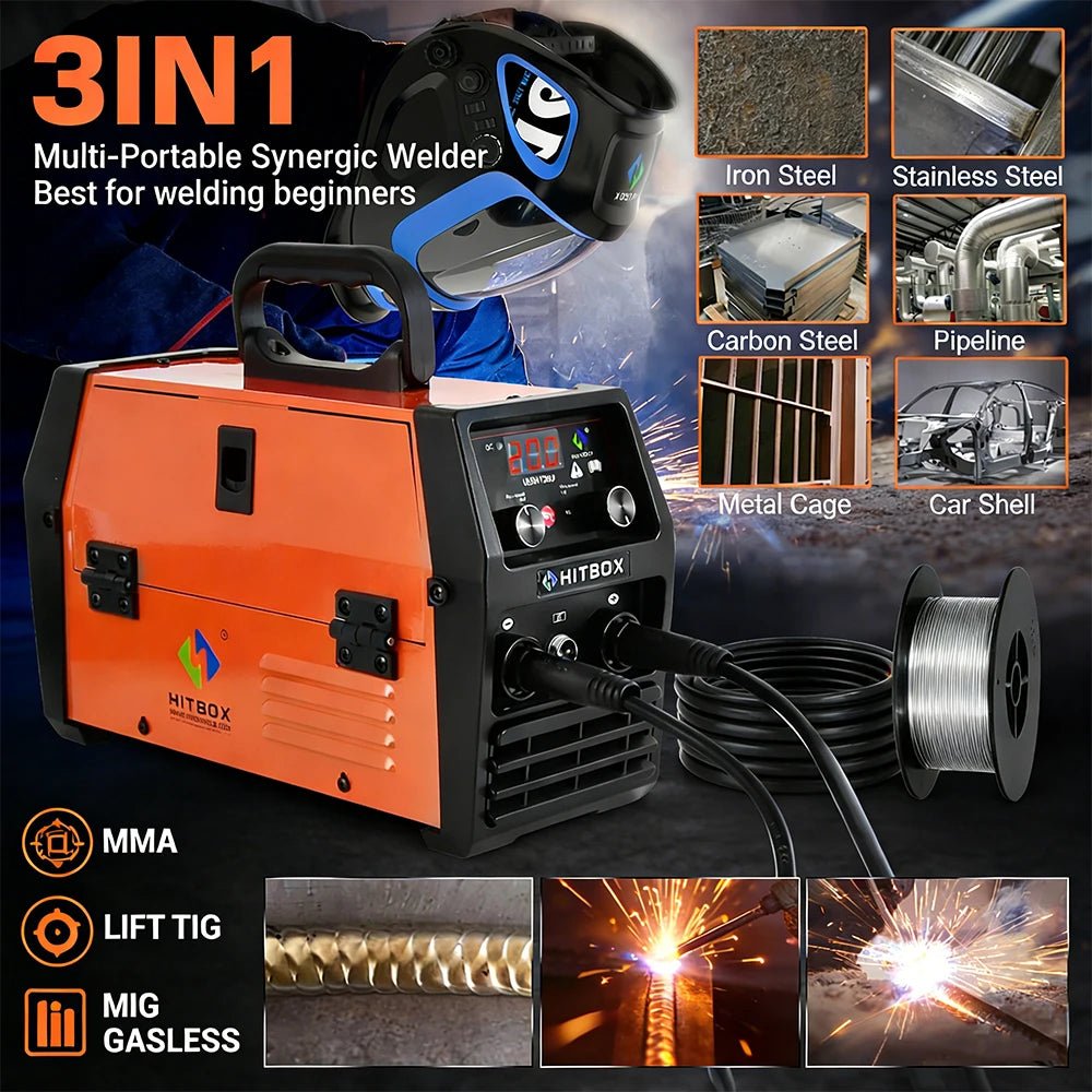 HITBOX 3 in 1 Semi-Automatic Mig Welding Machine Tig Argon Arc MIG Gasless Synergy Inverter Soldering Welder 110V 220V HBM1200 - Velvet Haven