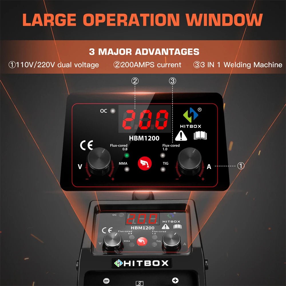 HITBOX 3 in 1 Semi-Automatic Mig Welding Machine Tig Argon Arc MIG Gasless Synergy Inverter Soldering Welder 110V 220V HBM1200 - Velvet Haven