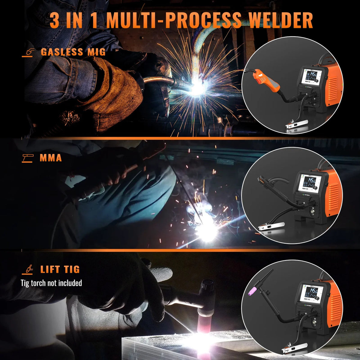 HITBOX HBM145 4 in 1 MMA/Gasless MIG/Lift TIG Welding Machine Semi-Automatic Welder Inverter Support Wire Drawing Gun Equipment - Velvet Haven