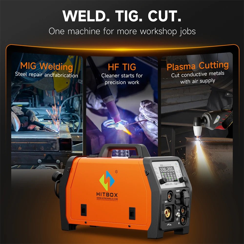 HITBOX HBMC270 Multifunctional Welder Plasma Cutter Combo Dual Voltage 110V/220V 7 in 1 Stick MMA ARC HF TIG CUT Aluminum Pulse MIG/Gas/Flux Core MIG Spot Welding 2T/4T Large Digital Display IGBT Inverter Welder for Aluminum - Velvet Haven