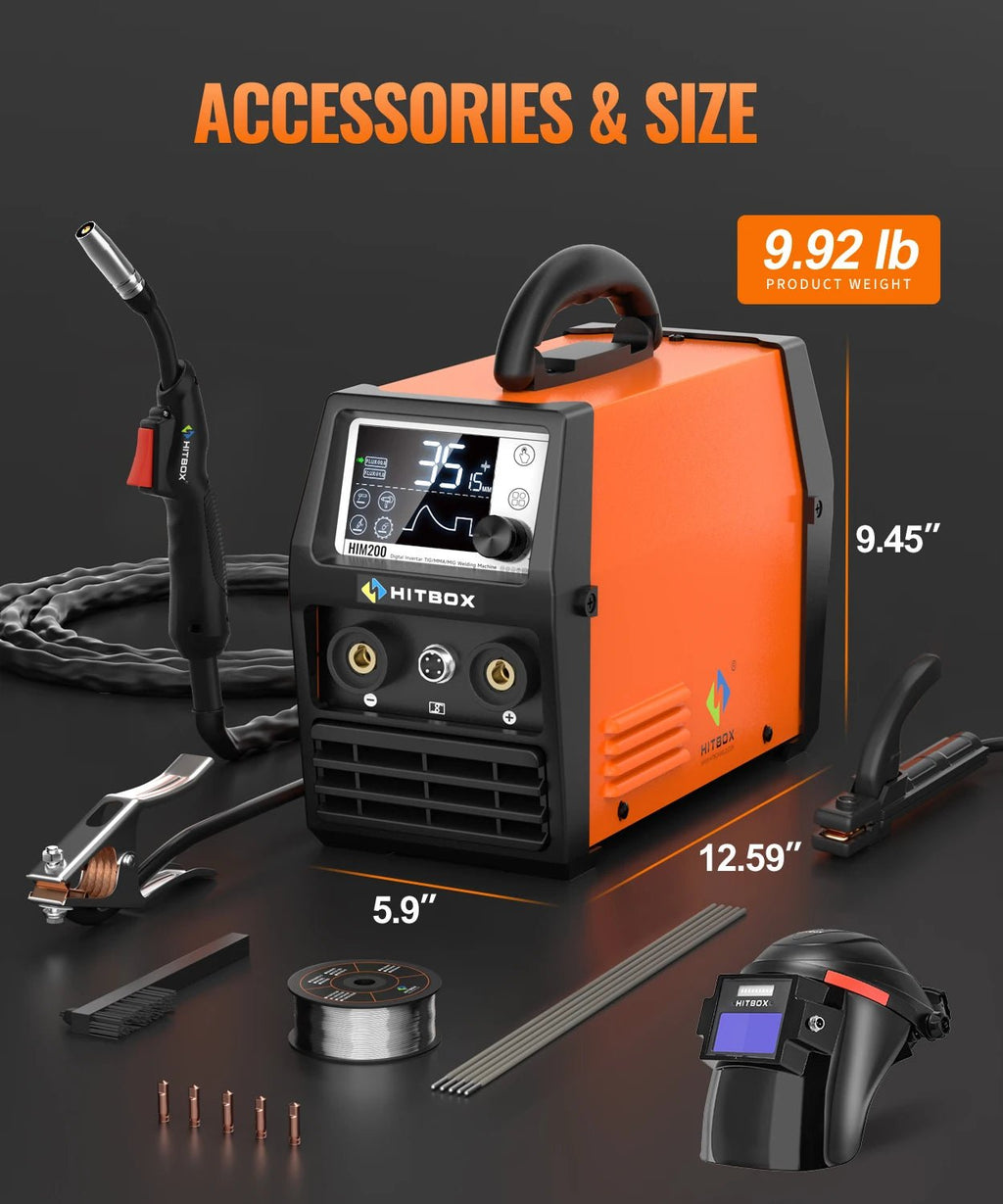 HITBOX HIM200 Welder Synergic MMA Flux MIG Lift TIG Spool Gun 4-in-1 Multi-process Portable Semi-Automatic Welding Tool for DIY Workshop - Velvet Haven