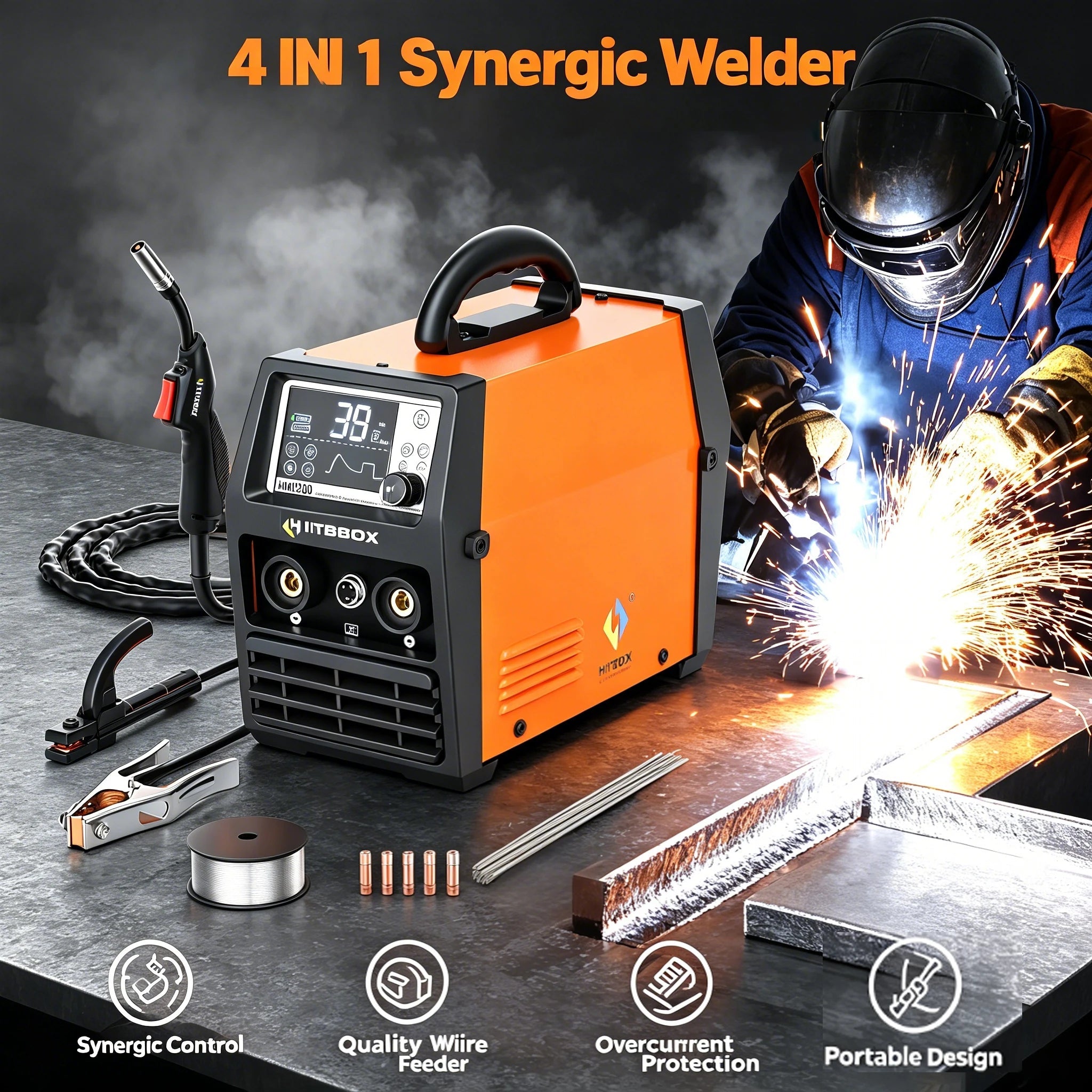 HITBOX HIM200 Welder Synergic MMA Flux MIG Lift TIG Spool Gun 4-in-1 Multi-process Portable Semi-Automatic Welding Tool for DIY Workshop - Velvet Haven