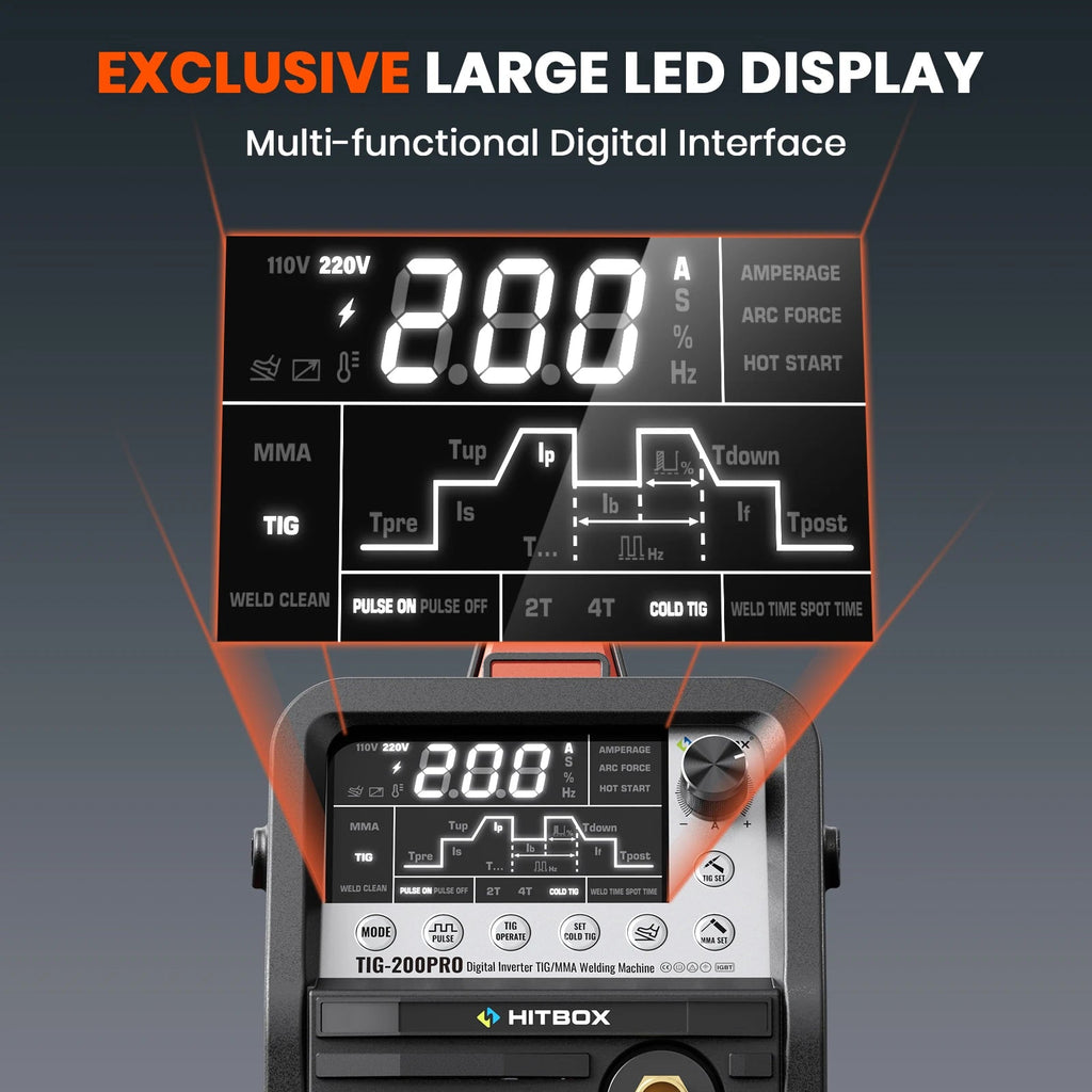 HITBOX TIG Cold Welder 6 in 1 MMA/HF TIG/Spot Welding Machine 200A Digital Pulse LED Screen 2T/4T Inverter Welders TIG200PRO - Velvet Haven