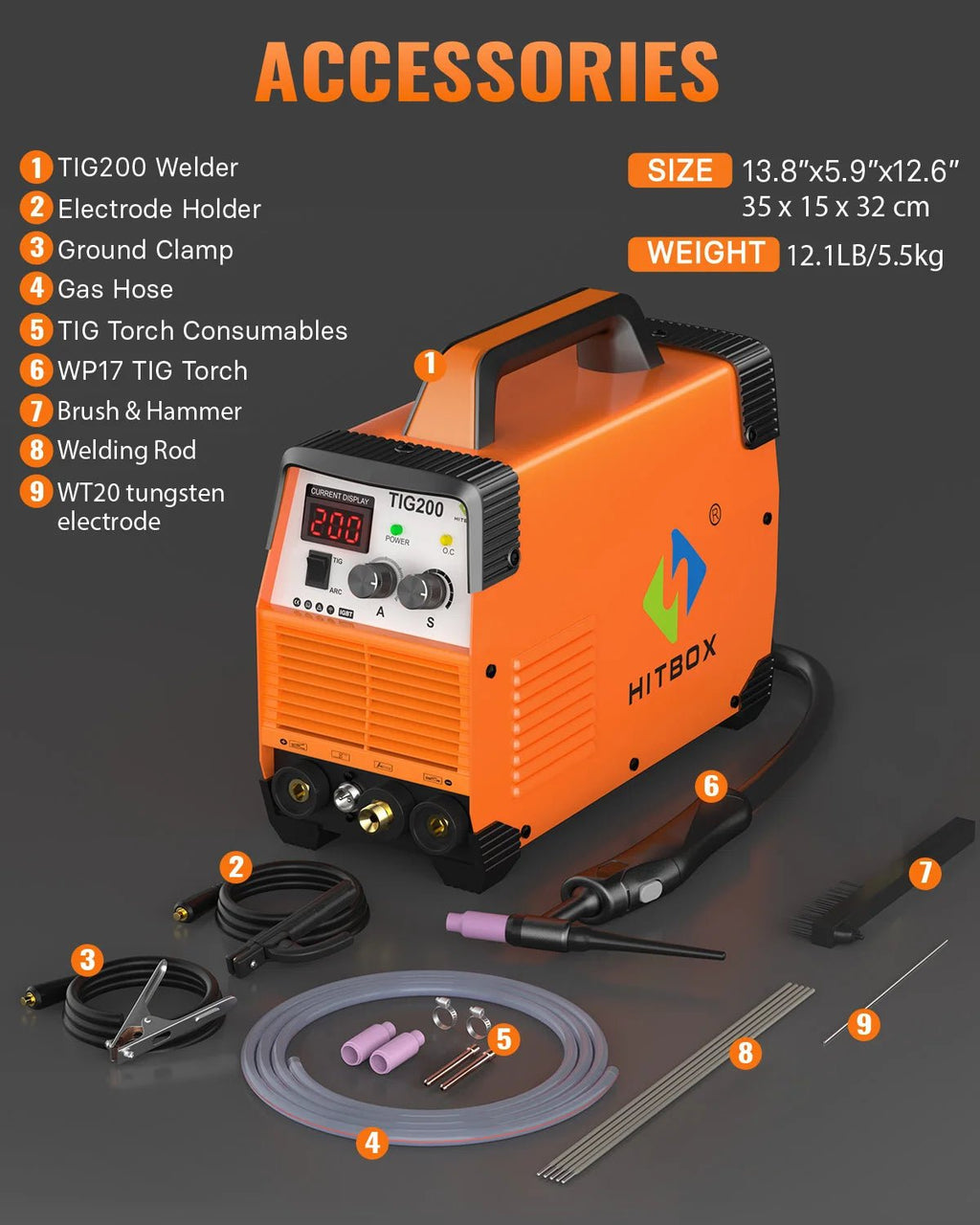 HITBOX TIG200 2 In 1 HF TIG Stick MMA Welder Dual Voltage 110V/220V IGBT Inverter Portable TIG Welding Machine with Post Gas Function TIG Torch Electrode Holder Kit - Velvet Haven