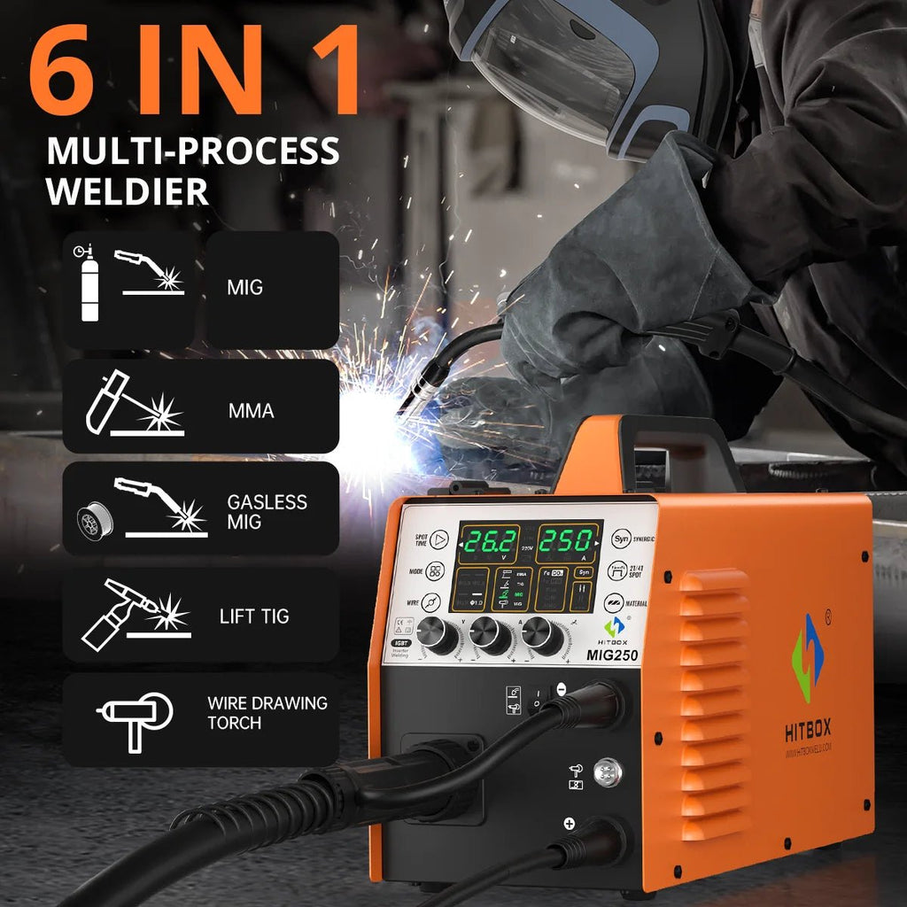 HITBOX Welder MIG250II MMA Lift TIG Gas/Gasless MIG Aluminum Welder 5 in 1 Digital Screen Pulse Support Wire Drawing Gun - Velvet Haven
