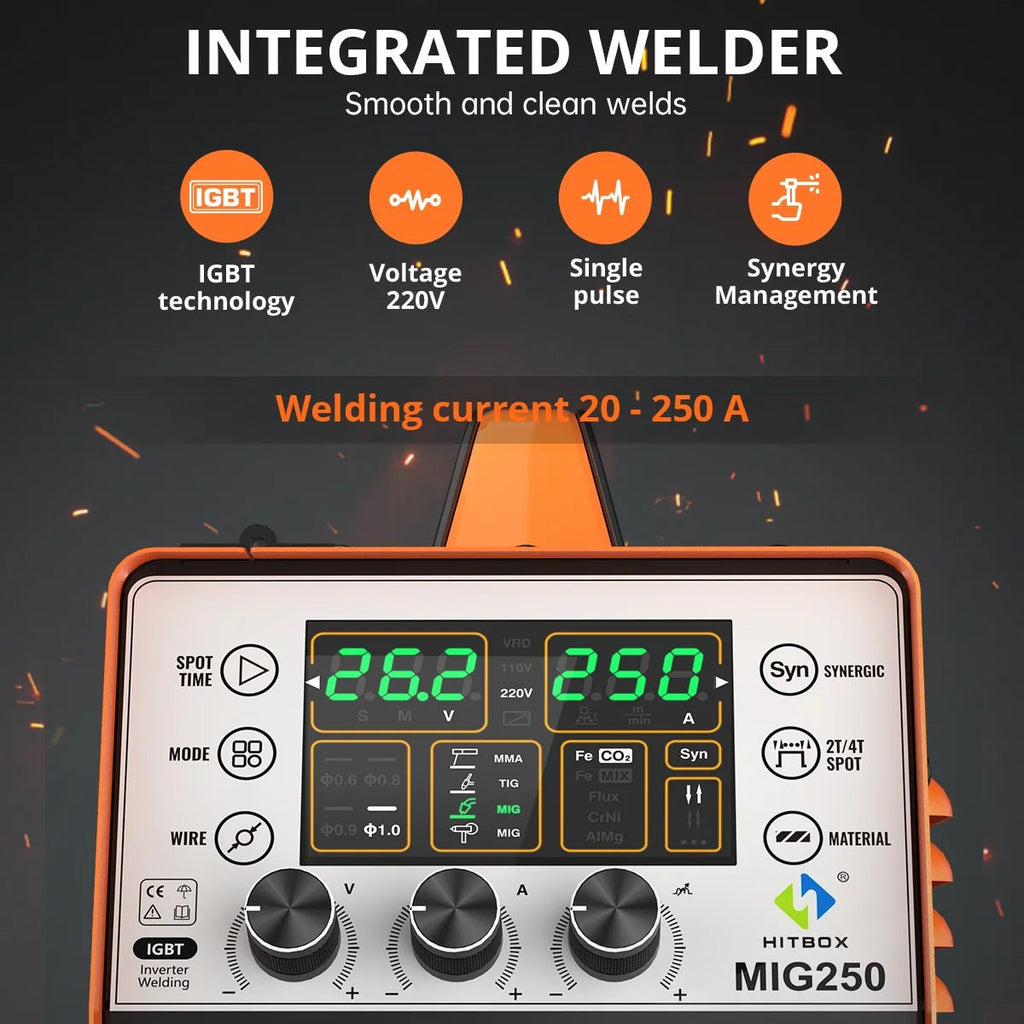 HITBOX Welder MIG250II MMA Lift TIG Gas/Gasless MIG Aluminum Welder 5 in 1 Digital Screen Pulse Support Wire Drawing Gun - Velvet Haven