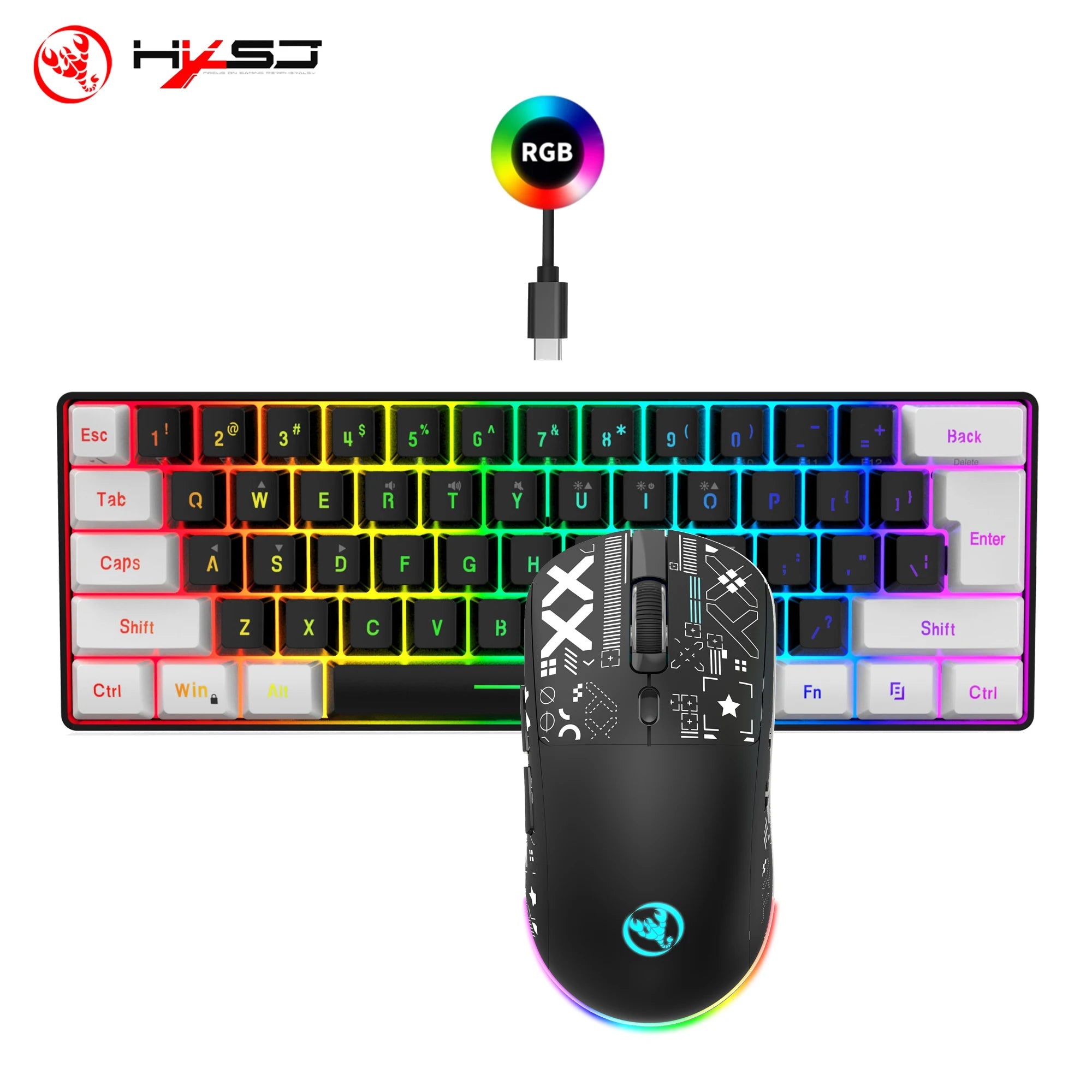 HXSJ-60% RGB Backlit Gaming Keyboard and Mouse Set 61-Key Wired Keyboard 3-Mode Optical Gaming Wireless Mouse for Laptop PC - Velvet Haven