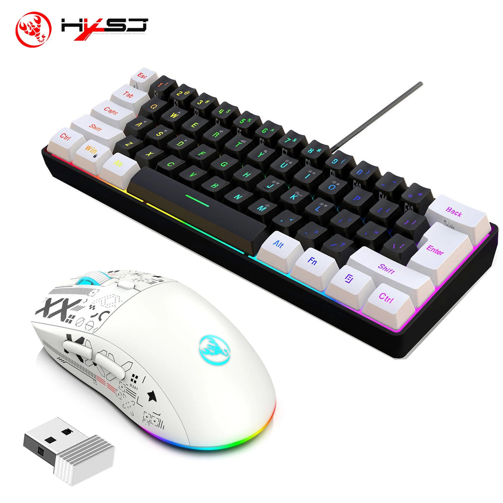 HXSJ-60% RGB Backlit Gaming Keyboard and Mouse Set 61-Key Wired Keyboard 3-Mode Optical Gaming Wireless Mouse for Laptop PC - Velvet Haven