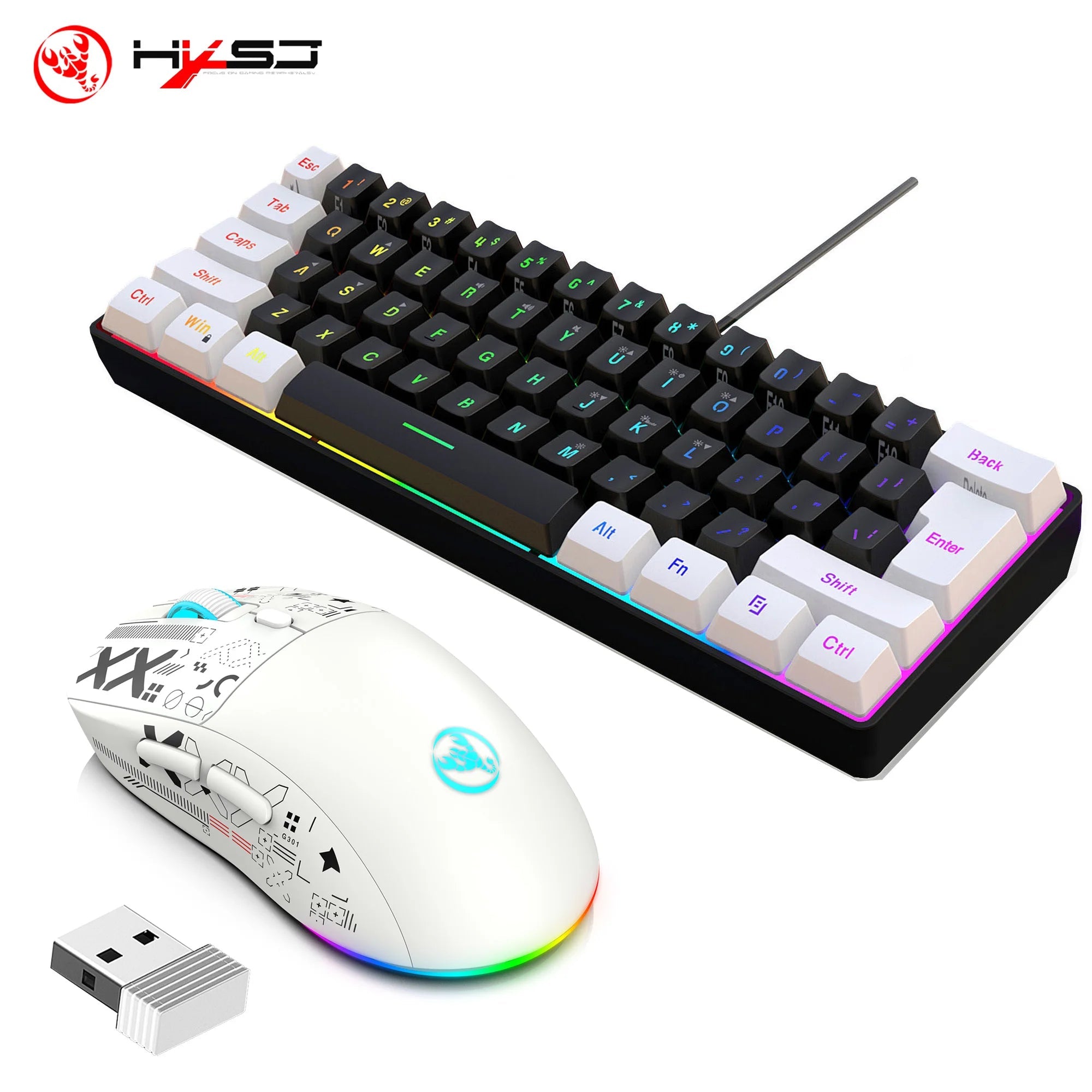 HXSJ-60% RGB Backlit Gaming Keyboard and Mouse Set 61-Key Wired Keyboard 3-Mode Optical Gaming Wireless Mouse for Laptop PC - Velvet Haven