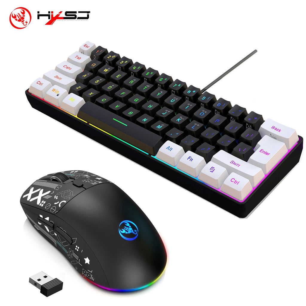 HXSJ-60% RGB Backlit Gaming Keyboard and Mouse Set 61-Key Wired Keyboard 3-Mode Optical Gaming Wireless Mouse for Laptop PC - Velvet Haven