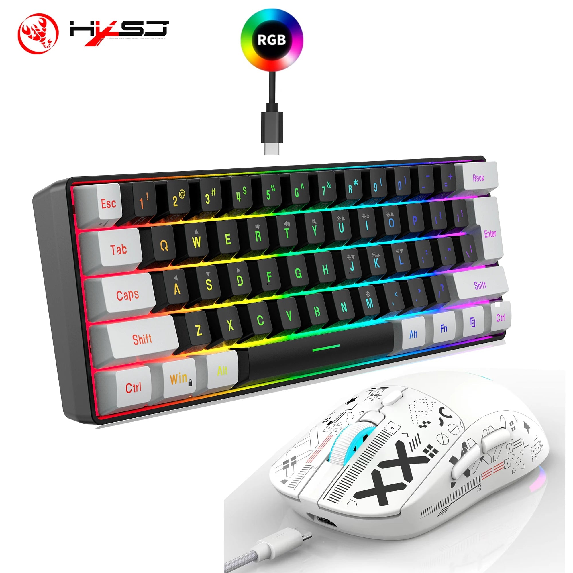 HXSJ-60% RGB Backlit Gaming Keyboard and Mouse Set 61-Key Wired Keyboard 3-Mode Optical Gaming Wireless Mouse for Laptop PC - Velvet Haven