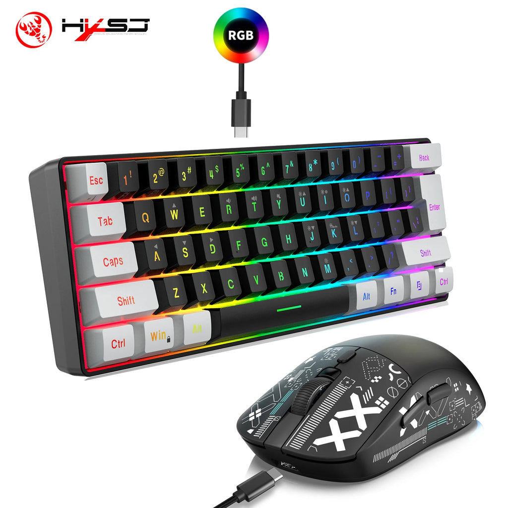 HXSJ-60% RGB Backlit Gaming Keyboard and Mouse Set 61-Key Wired Keyboard 3-Mode Optical Gaming Wireless Mouse for Laptop PC - Velvet Haven