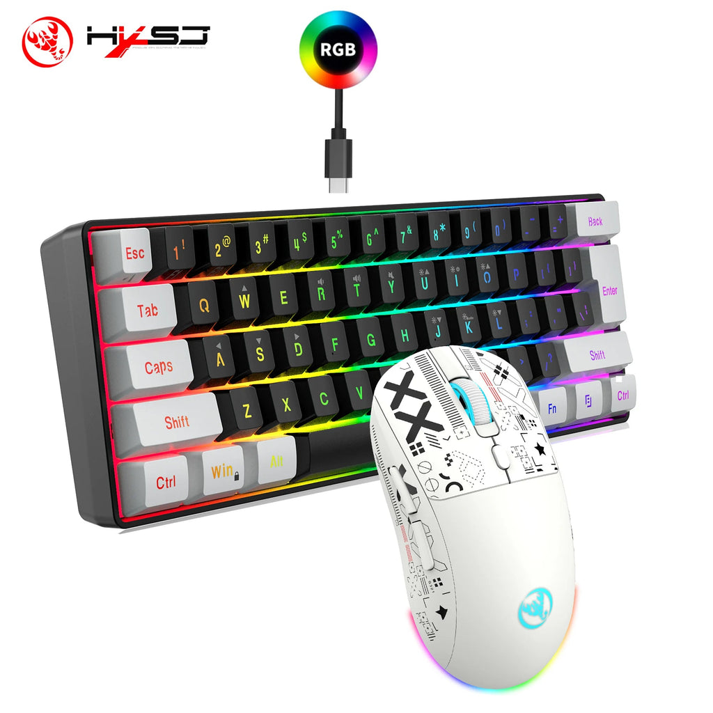 HXSJ-60% RGB Backlit Gaming Keyboard and Mouse Set 61-Key Wired Keyboard 3-Mode Optical Gaming Wireless Mouse for Laptop PC - Velvet Haven