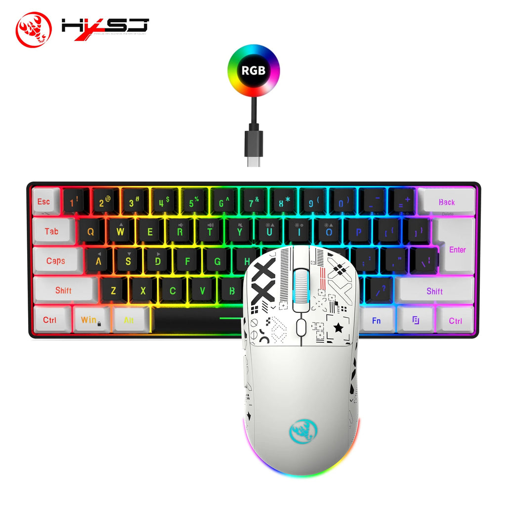 HXSJ-60% RGB Backlit Gaming Keyboard and Mouse Set 61-Key Wired Keyboard 3-Mode Optical Gaming Wireless Mouse for Laptop PC - Velvet Haven