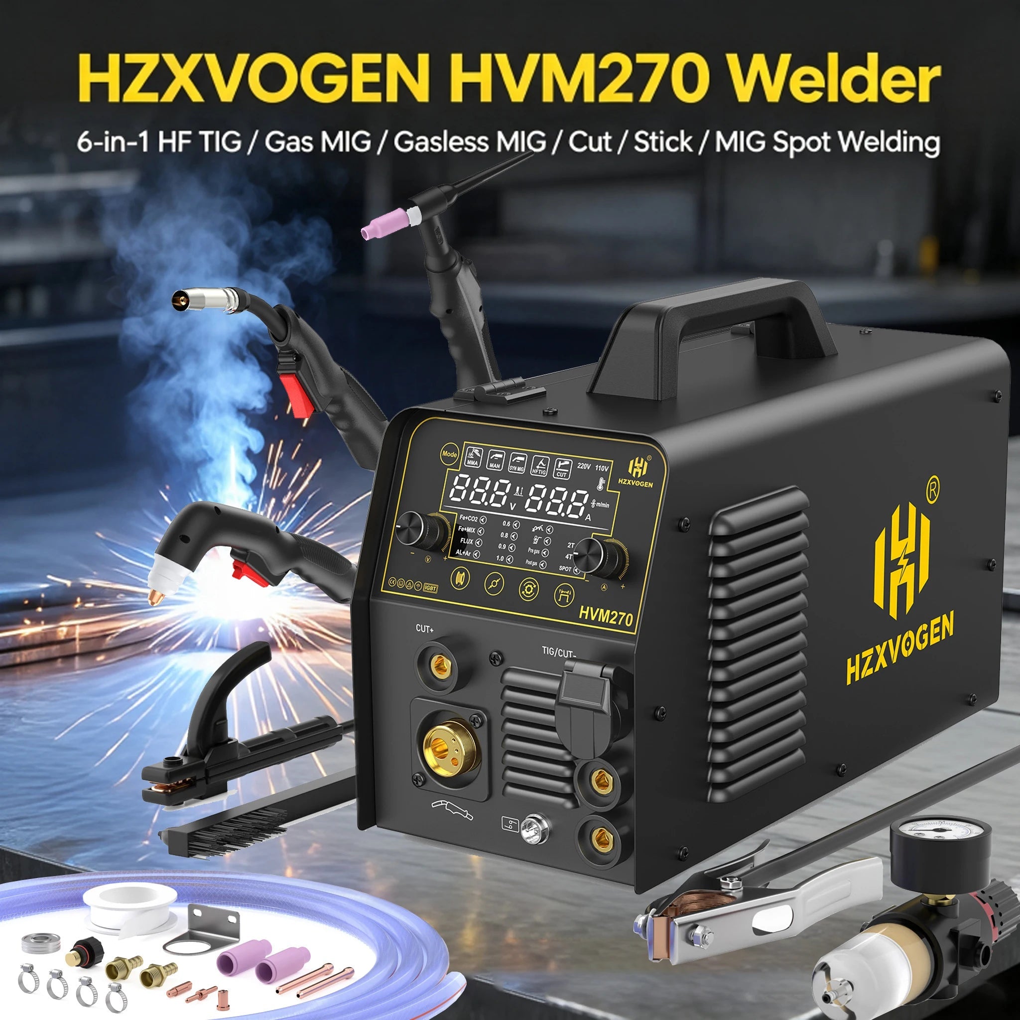 HZXVOGEN HVM270 6 In 1 Combo Plasma Cutter Welder Dual Voltage 110V/220V Synergic Gas/Gasless MIG Spot MIG HF TIG MMA Stick Air Plasma Cutting Machine Multi Process IGBT Welding Cutting Equipment - Velvet Haven