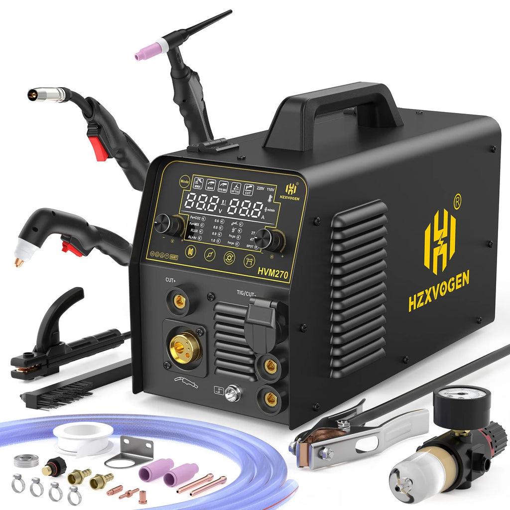 HZXVOGEN HVM270 6 In 1 Combo Plasma Cutter Welder Dual Voltage 110V/220V Synergic Gas/Gasless MIG Spot MIG HF TIG MMA Stick Air Plasma Cutting Machine Multi Process IGBT Welding Cutting Equipment - Velvet Haven