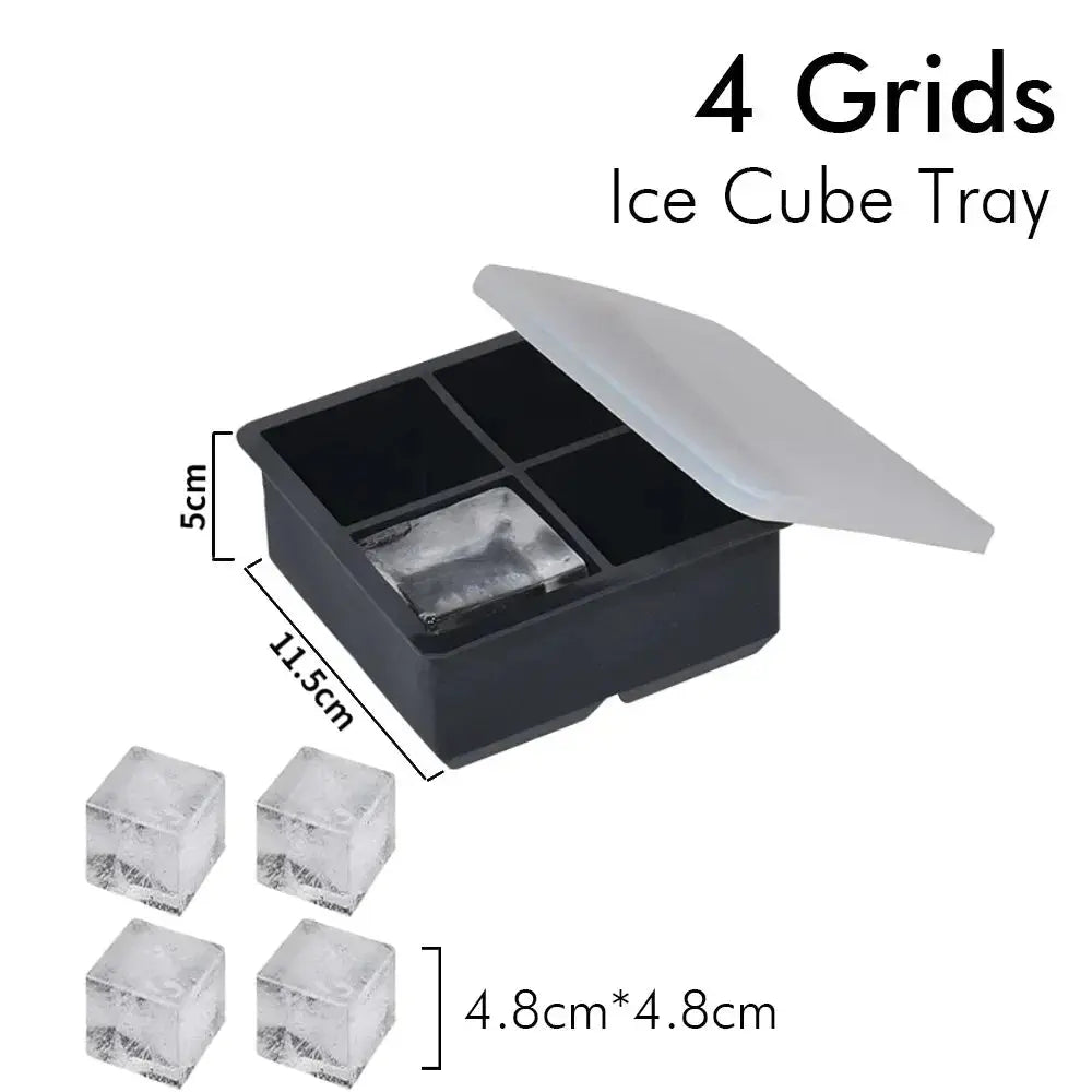 Ice Cube Tray Silicone Ice Ball Freezer Mold Square Ice Cube Maker with Lid 4/6/8 Grids for Whiskey Cocktail Coffee Accessories - Velvet Haven