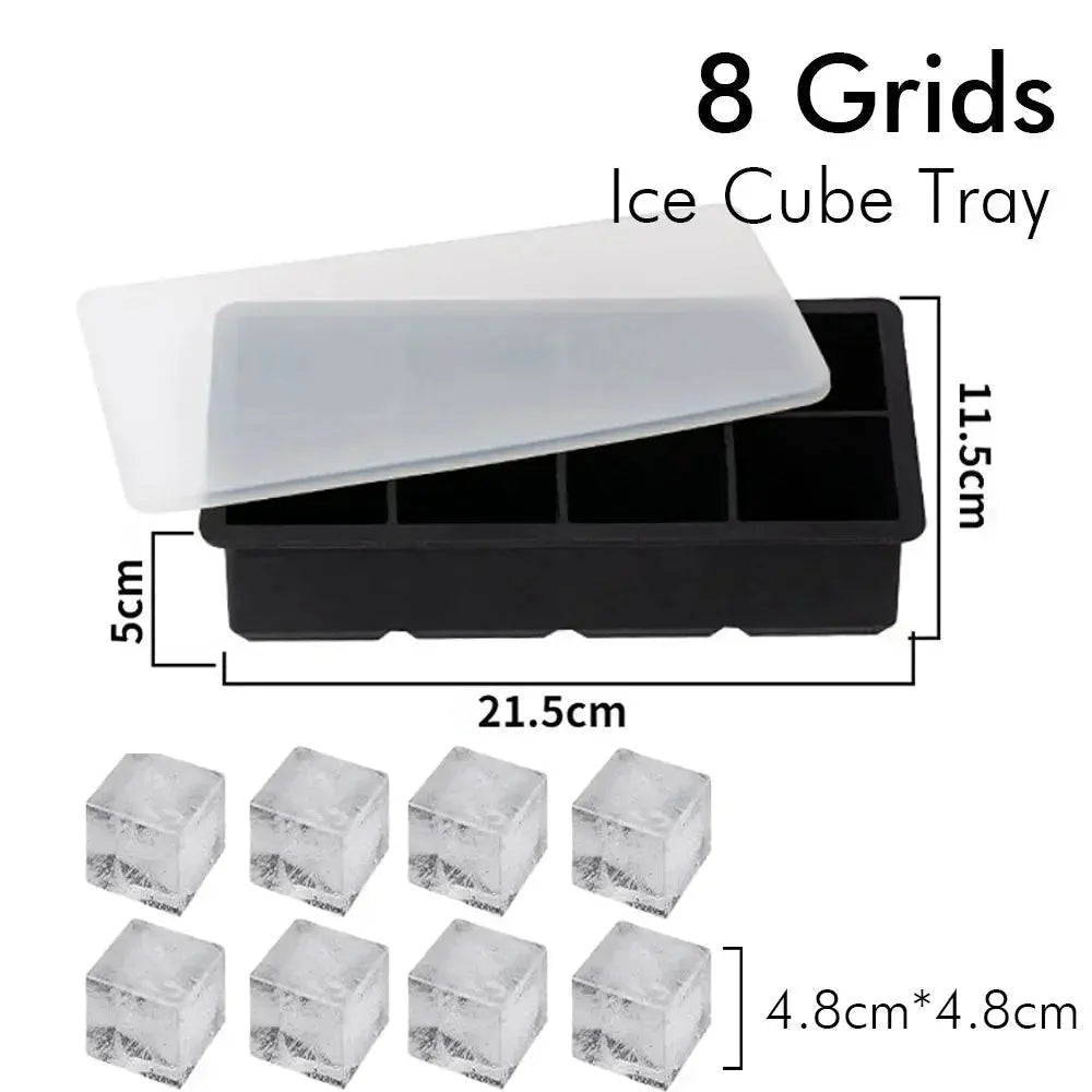 Ice Cube Tray Silicone Ice Ball Freezer Mold Square Ice Cube Maker with Lid 4/6/8 Grids for Whiskey Cocktail Coffee Accessories - Velvet Haven