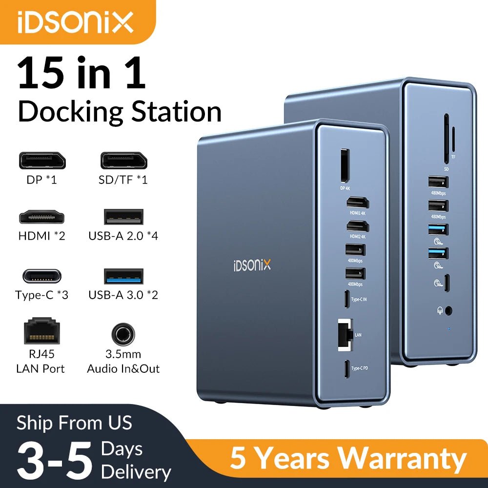 iDsonix Type C USB 3.0 HUB 15 in 1 Docking Station Multiport Adapter with HDMI 4K@60Hz PD100W Gigabit Ethernet SD/TF Card Reader - Velvet Haven