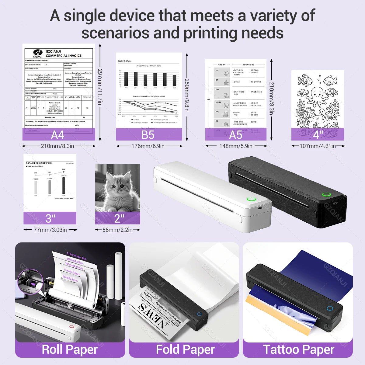 Inkless Portable A4 Thermal Printer Bluetooth PDF Excel Word Document Printing Machine Paper Roll For Office Work Home School - Velvet Haven