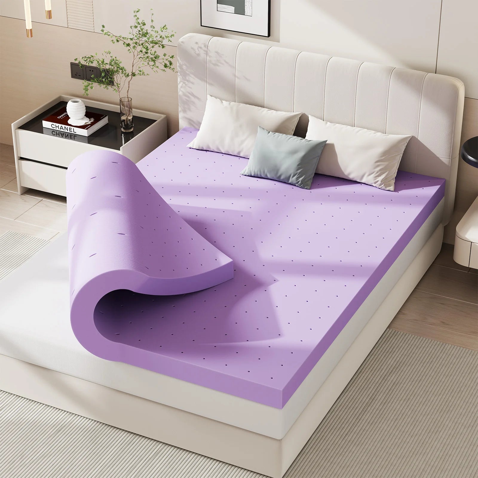 JHK 2 Inch Cooling Memory Foam Mattress Topper CertiPUR-US Certified Purple Gel Ventilated Soft Pressure Relief Mattress Pad Breathable Bed Topper for Bedroom and Sleeper Sofa - Velvet Haven