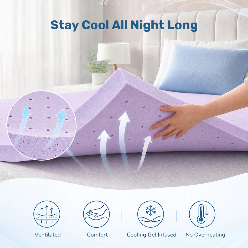 JHK 2 Inch Cooling Memory Foam Mattress Topper CertiPUR-US Certified Purple Gel Ventilated Soft Pressure Relief Mattress Pad Breathable Bed Topper for Bedroom and Sleeper Sofa - Velvet Haven