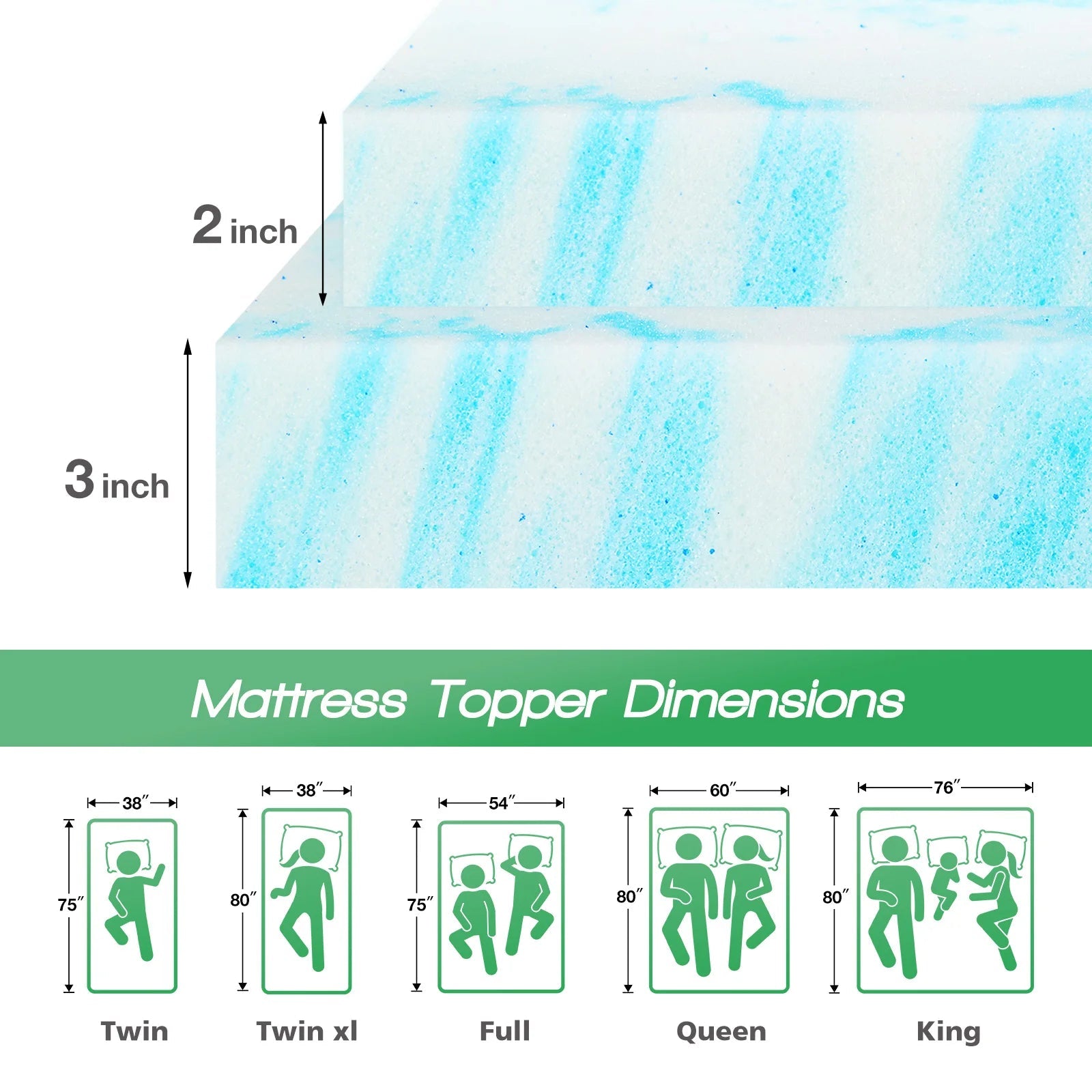 JHK 2 Inch Gel Memory Foam Mattress Topper Full Size Cooling Mattress Soft and Breathable Bed Topper School Bedroom Furniture - Velvet Haven