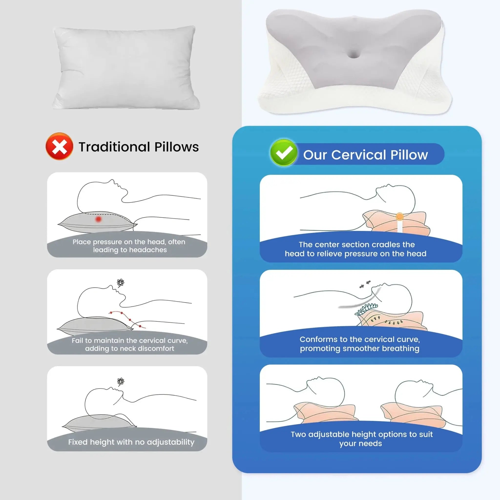 JHK King Size Ergonomic Memory Foam Bed Pillow with Cooling Pillowcase Cervical Contour Pillows For Back Stomach Sleepers - Velvet Haven