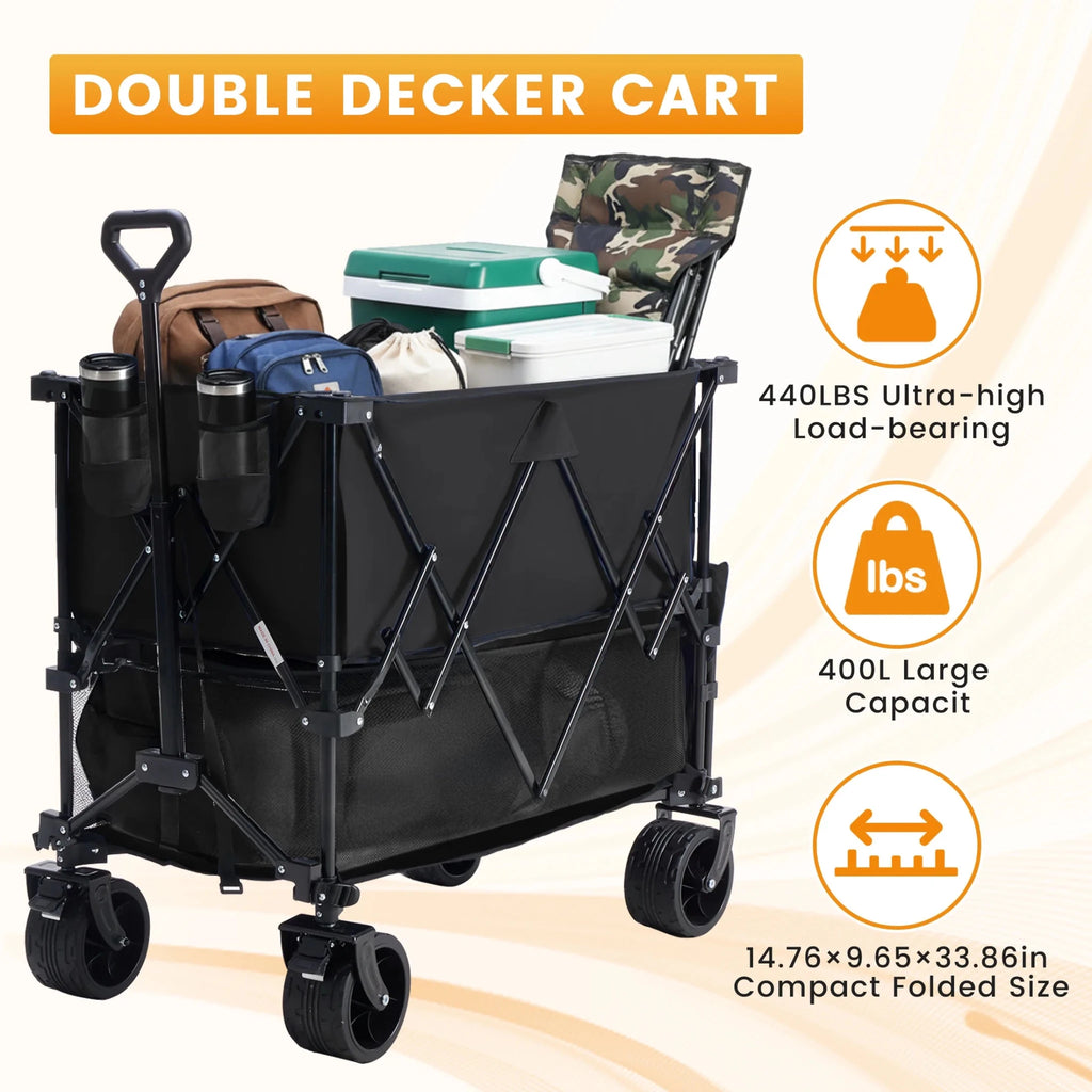 JHK Outdoor Double Decker Wagons Cart 440 lbs Large Capacity Collapsible Foldable Garden Beach Cart for Grocery Garden Camping - Velvet Haven