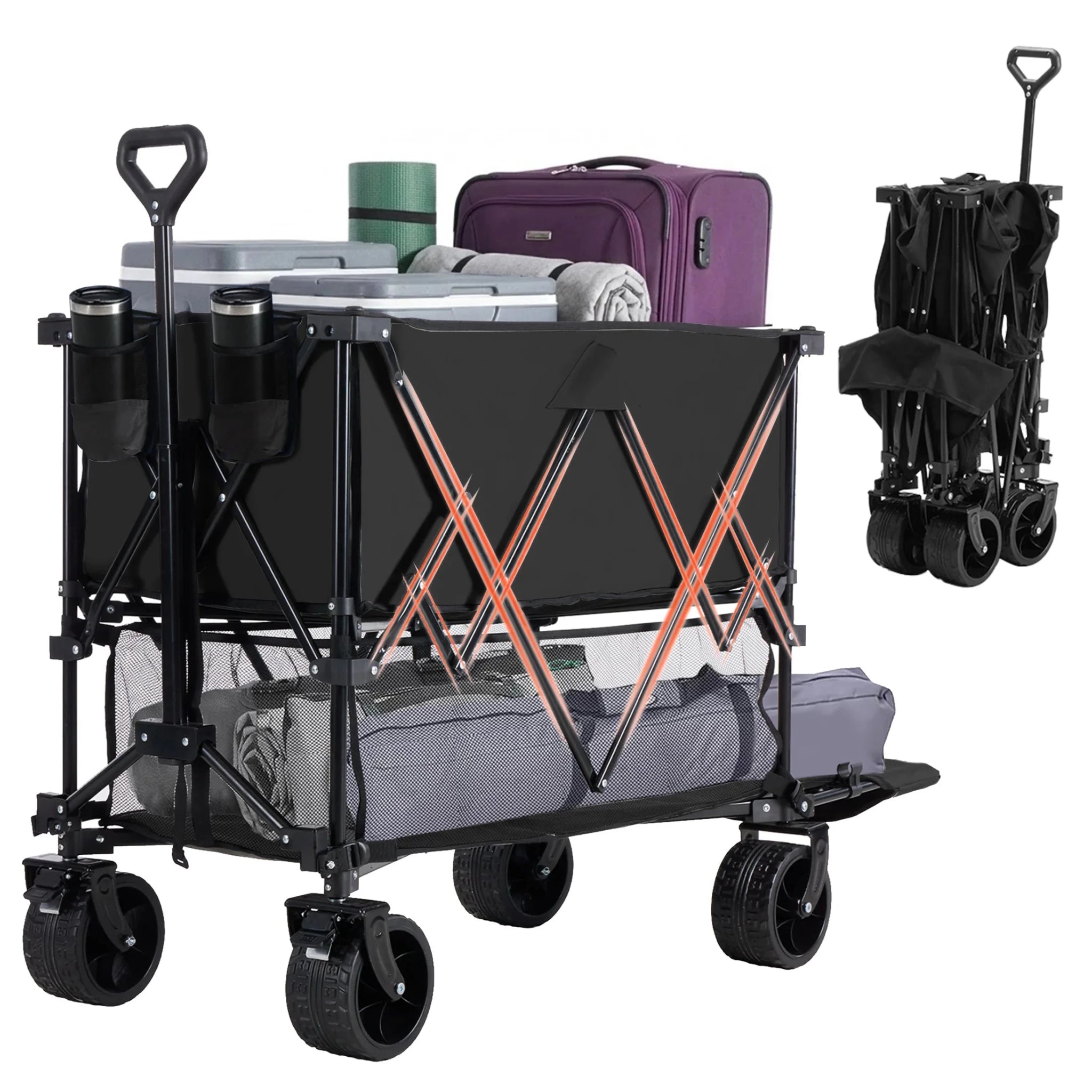 JHK Outdoor Double Decker Wagons Cart 440 lbs Large Capacity Collapsible Foldable Garden Beach Cart for Grocery Garden Camping - Velvet Haven
