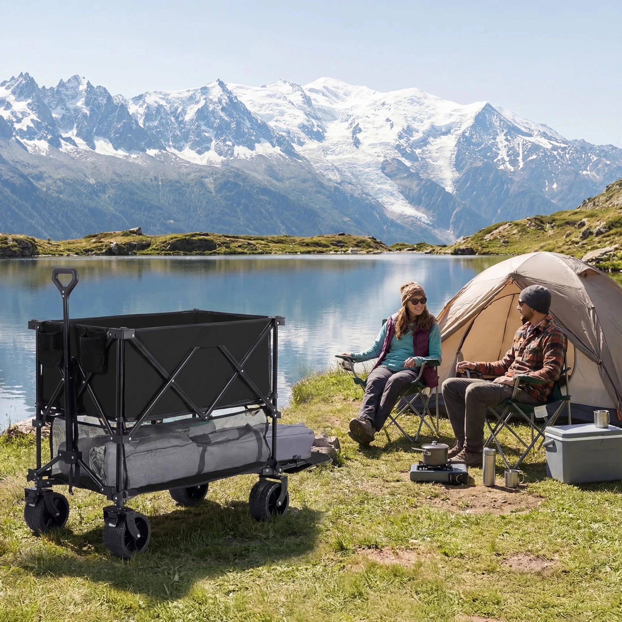 JHK Outdoor Double Decker Wagons Cart 440 lbs Large Capacity Collapsible Foldable Garden Beach Cart for Grocery Garden Camping - Velvet Haven