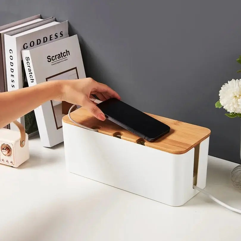 Large Cable Management Box – Wooden Style Cord Organizer and Cover for TV Wires, Computer, USB Hub and Under Desk Power Strip – - Velvet Haven