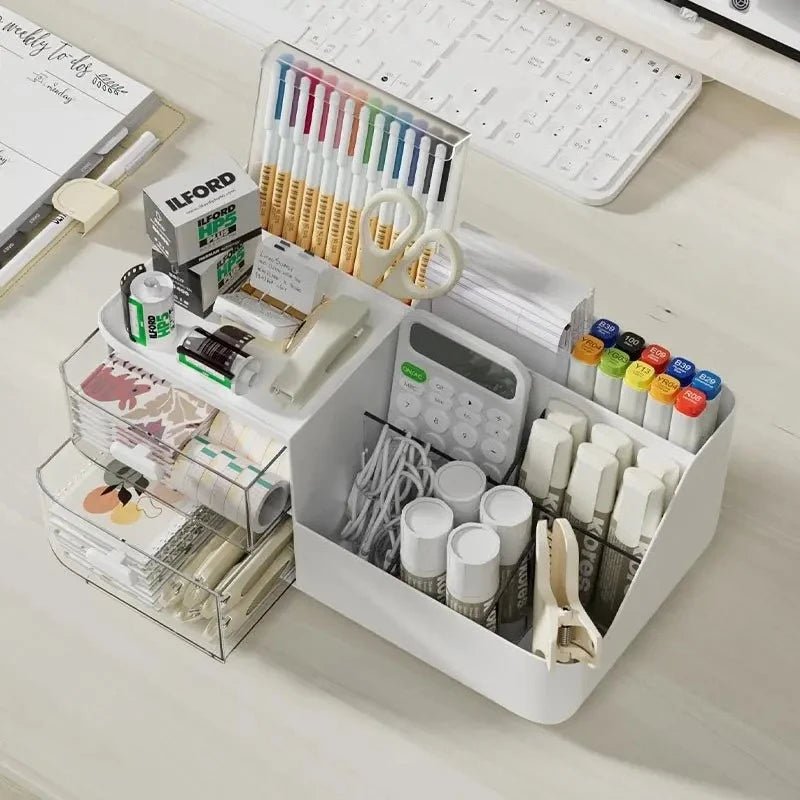 Large Capacity Multifunctional Desk Organizer with 2 Transparent Drawers, Desktop Office Supplies Storage Pen Holder for School - Velvet Haven